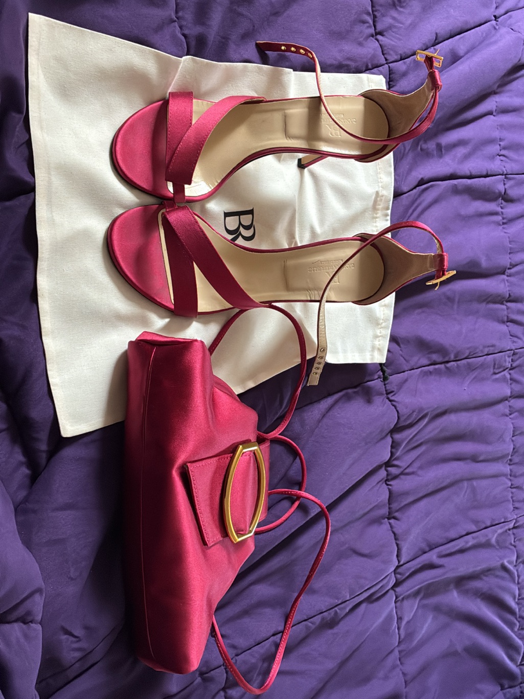 Banana Republic Magenta Satin Heeled Sandals And Matching Clutch
